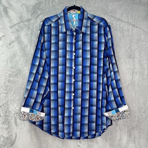 Robert Graham Other - Robert Graham Shirt Mens XL Blue Plaid Flip Cuff Check‎ Classic Fit Embroidered